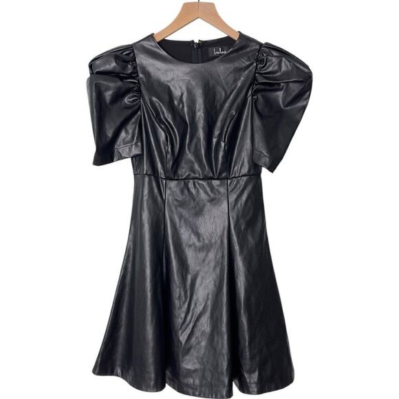 Lulu's Black Vegan Leather Puff Sleeve Fit and Flare Mini Dress (XS) - Picture 5 of 15